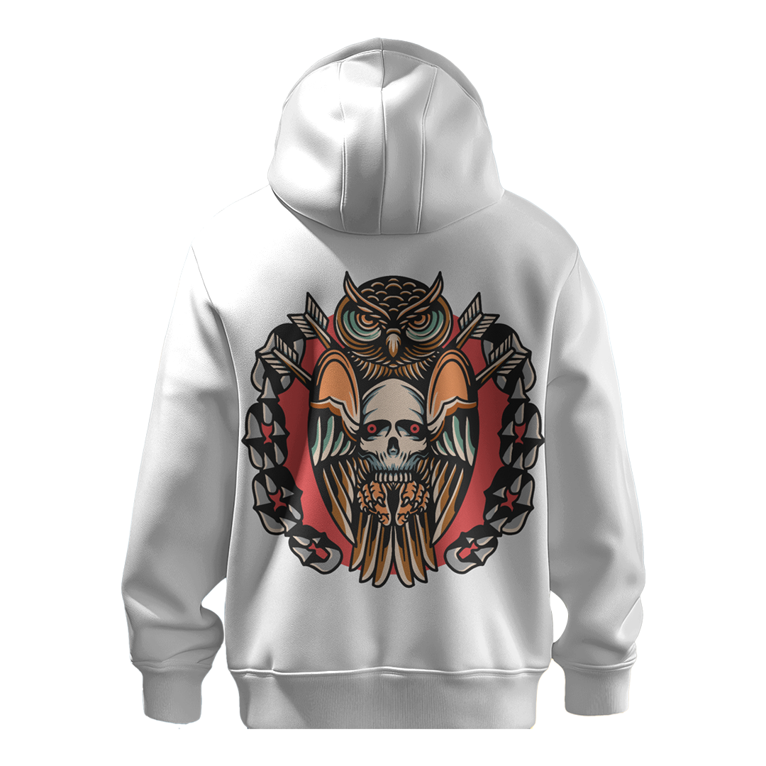 BULL CLOTHING Unique Designer Owl Skull Pullover White Hoodie | Statement-Making Streetwear, Superior Comfort, Stylish Fit, Ideal for Fashion-Forward Men