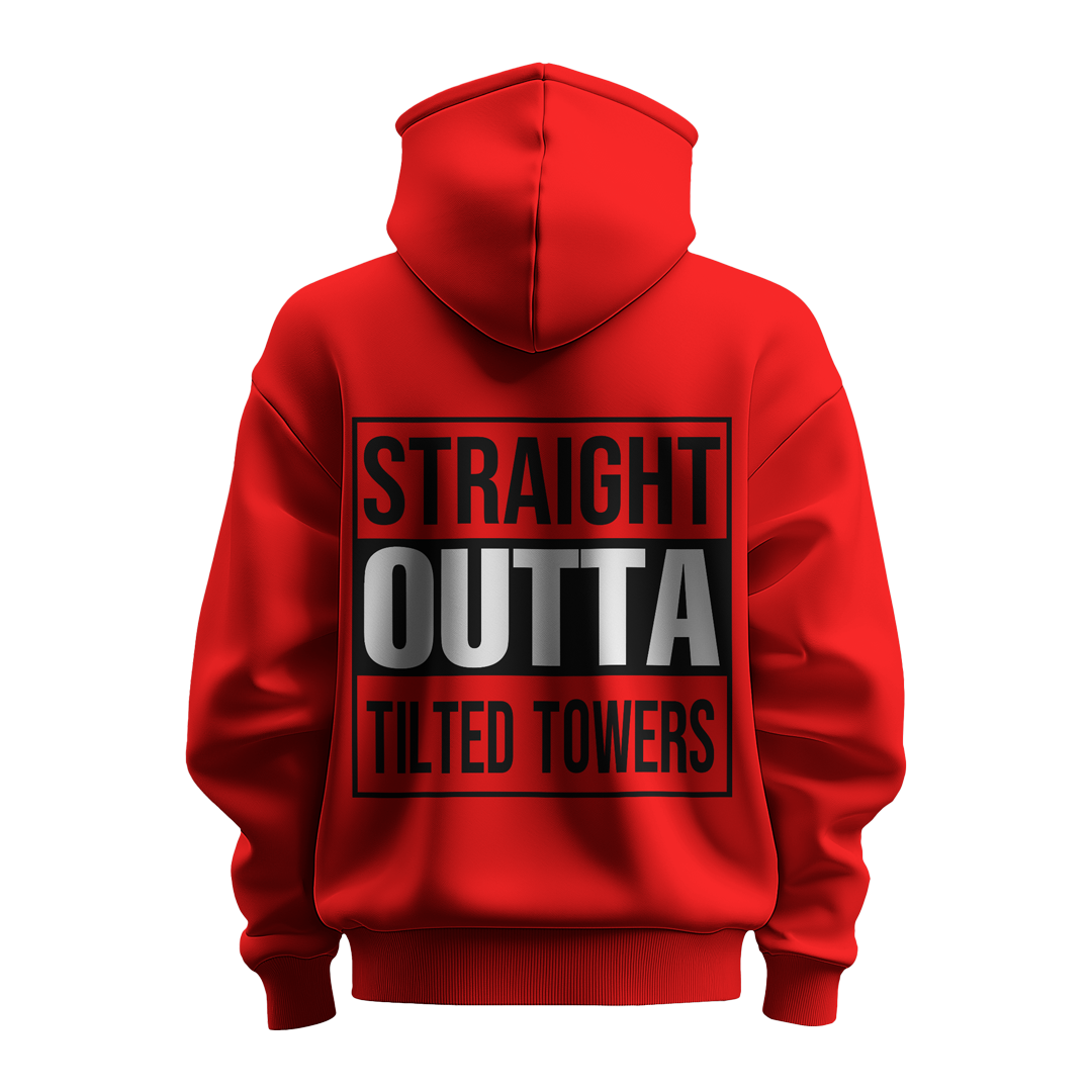 BULL CLOTHING Straight Outta Tilted Towers Red Hoodie | 60% Cotton, 40% Polyester Blend | Premium 280 GSM Fleece| Comfortable Casual Wear Sweatshirt