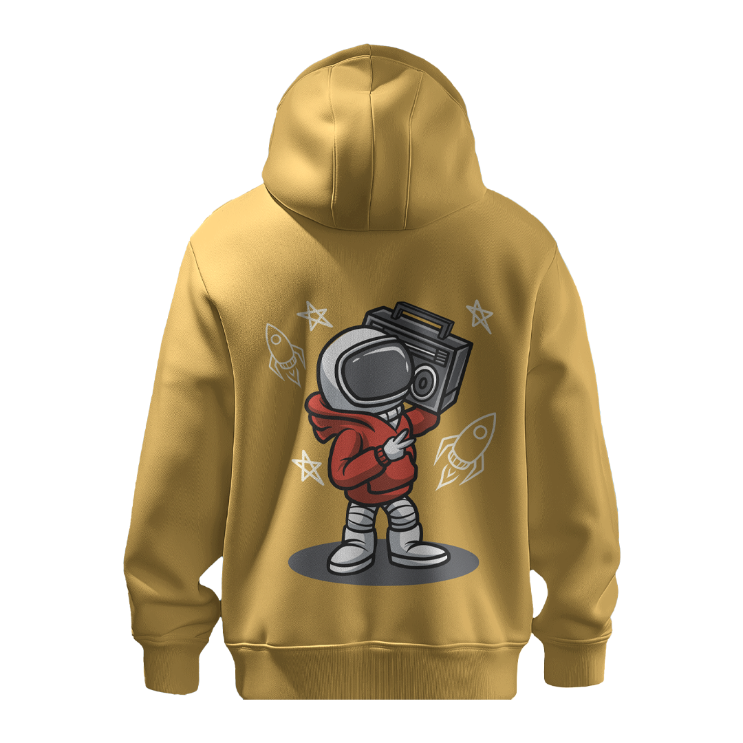 BULL CLOTHING Stylish Retro Astronaut Graphic Mustard Yellow Hoodie Featuring Cool Boombox Design - Comfortable Casual Pullover for Streetwear and Everyday Wear